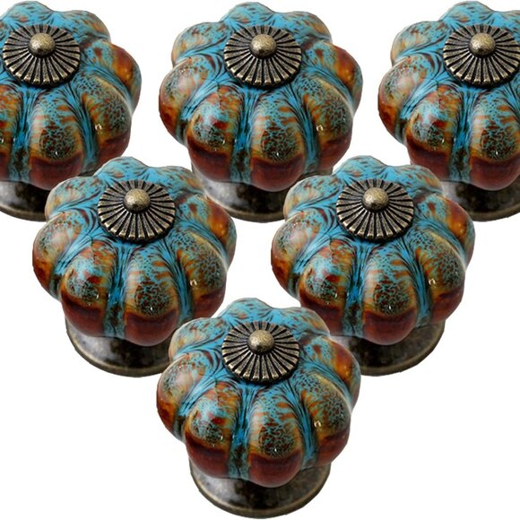Cabinet Knobs 6 Pack Glazed Ceramic Knobs with Pumpkin Shape for Decor Door Pull - Picture 1 of 6